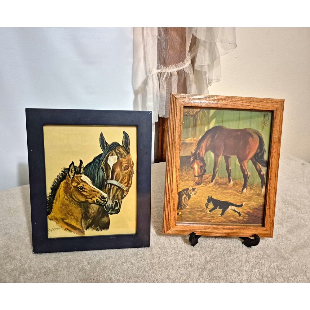 Vintage Horse Wall Art Lot Mare Foal Barn Cats Framed Equestrian Prints